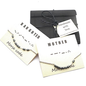 Mother daughter morse code bracelet set, hematite tubes, Sterling silver tiny round beads, stainless steel chain and finishing, statement