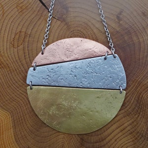 Geometrical circle long necklace, hammered copper + aluminum + brass, stainless steel chain and finishing, art déco