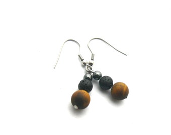 Lava stone hematite tiger eye earrings, lava stone, tiger eye and hematite beads, stainless steel finishing, essential oil diffuser