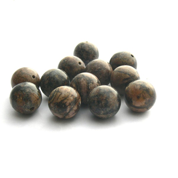 Brown black jaspis beads, 12 pieces of 12-13 mm brown black veined jaspis beads, 60 g, vintage, natural stone beads, jaspis stone