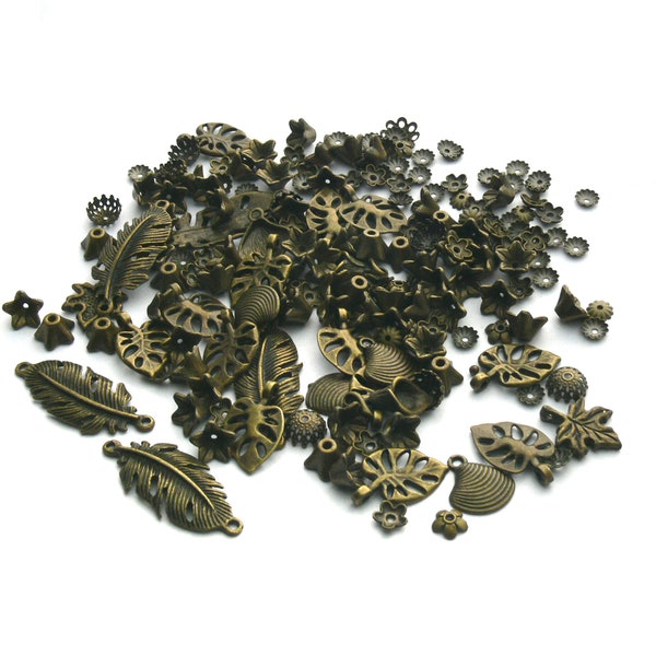 Perles bronze vintage, 150 pièces de perles bronze, 75 g, different formes et formats, vintage, fleur bronze, feuille bronze, mélange bronze