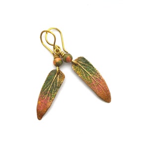 Golden leaf earrings, hand sculpted enamel brass, hand folded brass ear hooks, agate pearls, art nouveau, enamel, golden leaf image 1