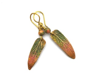 Golden leaf earrings, hand sculpted enamel brass, hand folded brass ear hooks, agate pearls, art nouveau, enamel, golden leaf