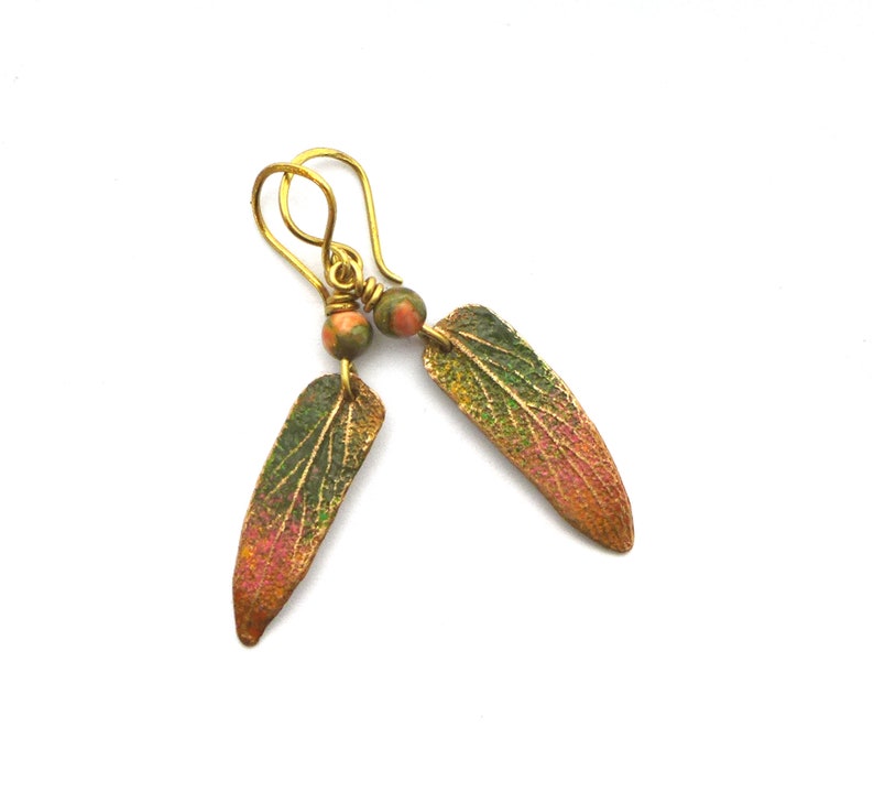 Golden leaf earrings, hand sculpted enamel brass, hand folded brass ear hooks, agate pearls, art nouveau, enamel, golden leaf image 1