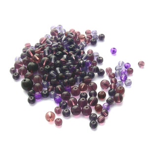 Purple beads mix, 180 pieces of purple glass beads in different shapes, different shades of purple, 65 g, vintage beads, purple glass