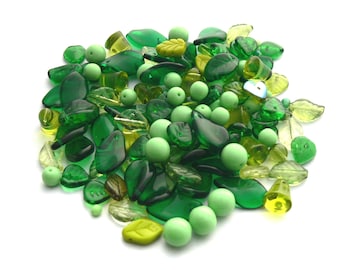 Czech green glass mix, 120 pieces of green Czech glass beads in different shapes, different shades of green 55 g, vintage glass