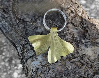 Ginkgo key chain, hammered brass ginkgo leaf, stainless steel ring, Japanese tree, ginkgo biloba, art nouveauouve