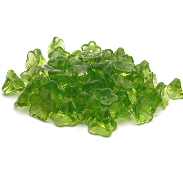 Perles verre fleurs, 50 perles de verre vert fleurs clochettes, 13 x 13 mm, +/- 50 g, verre transparent, verre vintage, vert olive