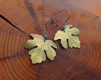 Hammered fig leaf earrings, hammered brass leaves, stainless steel finishing,  figs, Adam and Eve .