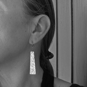 May include: A silver hammered rectangle earring with a textured surface.