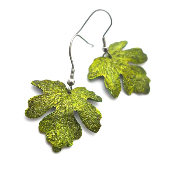 Hammered fig leaf earrings, hammered aluminum leaves, stainless steel finishing,  figs, Adam and Eve