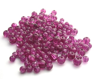 Pink crackled glass mix, 150 pieces of vintage dark pink crackled glass beads, 6-7-8 mm, 65 g, vintage glass, dark pink glass beads