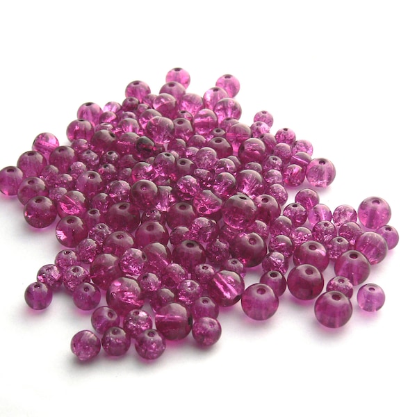 Perles verre craquelé rose, 150 perles verre rose foncé craquelé, 6-7-8 mm, 65g, verre vintage, perles verre roze foncé