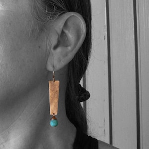 Hammered copper earrings, hammered copper, turquoise chalk stone beads, hand folded copper ear hooks, art nouveau