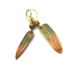 Golden leaf earrings, hand sculpted enamel brass, hand folded brass ear hooks, agate pearls, art nouveau, enamel, golden leaf image 3