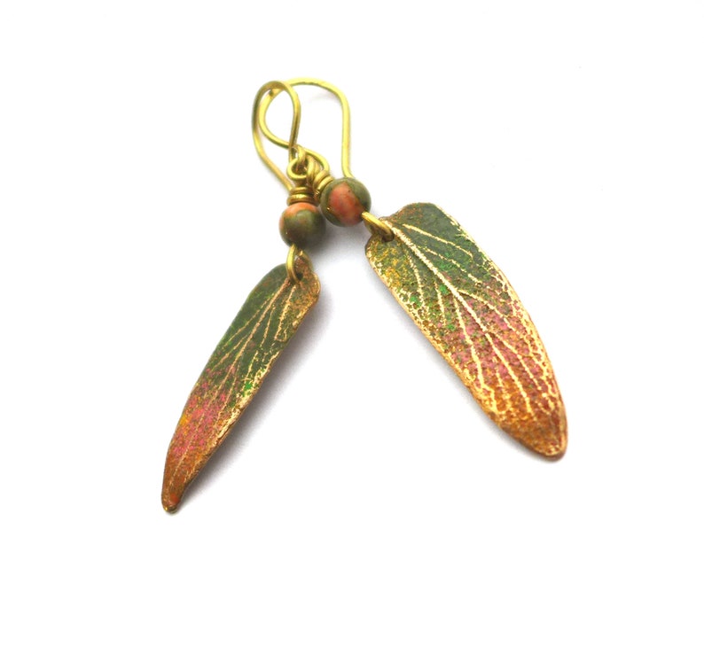 Golden leaf earrings, hand sculpted enamel brass, hand folded brass ear hooks, agate pearls, art nouveau, enamel, golden leaf image 3