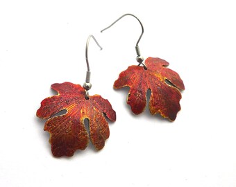 Hammered fig leaf earrings, hammered aluminum leaves, stainless steel finishing,  figs, Adam and Eve