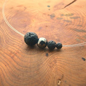 Lava stone minimalist necklace,  black lava stone bead, hematite bead, stainless steel finishing, lava rock, essential oil diffuser