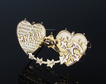 Wedding day Mizpah gold brooch, double heart Wedding gift sweetheart pin, antique Victorian brooch, Jewelry with meaning, wedding gifts