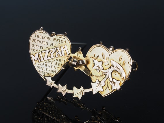 Wedding day Mizpah gold brooch, double heart Wedd… - image 1