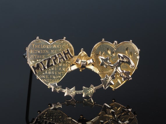 Wedding day Mizpah gold brooch, double heart Wedd… - image 2