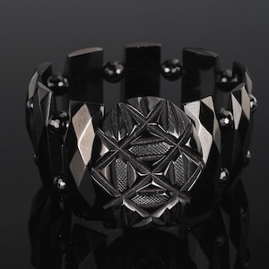 Victorian Whitby jet bracelet, antique Jet panel bangle, goth, gothic Halloween elasticated bracelet, carved jet memento mori jet jewellery