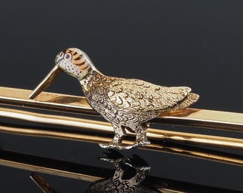 Antique Snipe game bird 9ct gold pin brooch, mens lapel Victorian bird pin, enamel bird jewellery, gift for her and him,