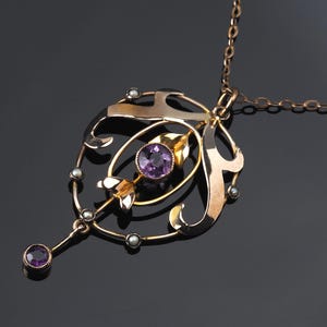Antique lavalier gold pendant necklace, Amethyst gemstone jewellery, antique seed pearl necklace, art nouveau lavaliere, solid gold necklace