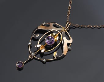Antique lavalier gold pendant necklace, Amethyst gemstone jewellery, antique seed pearl necklace, art nouveau lavaliere, solid gold necklace