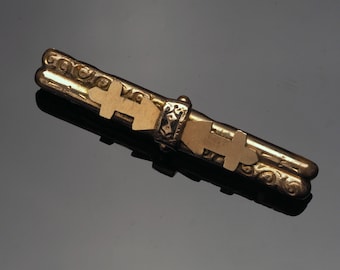 Goud gevulde pin, antieke Victoriaanse bar broche, Boogschutter symbolen, taille D'epargne en zwart emaille pins, sterrenbeeld sieraden,