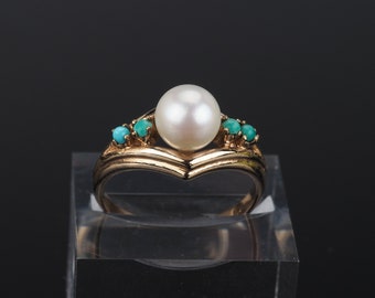 Turquoise and pearl ring, solitaire pearl and Turquoise cabochon ring, Turquoise stone jewellery, cocktail solid gold 60s vintage pearl ring