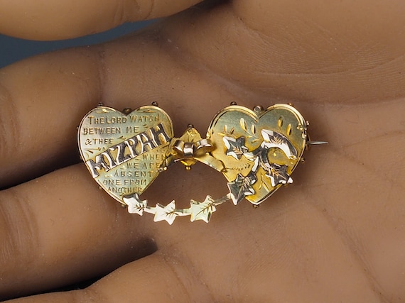 Wedding day Mizpah gold brooch, double heart Wedd… - image 10