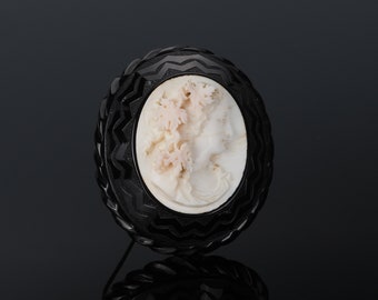Antique angel skin pink coral cameo brooch with whitby jet, large hand carved shell high relief profile of Bacchus Bacchante,