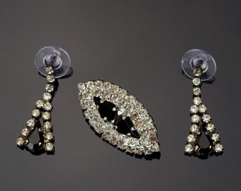 Vintage 1950s earrings and brooch set with French Jet and rhinestone, Attr. to Weiss Jewellery, matching Black and White Jewelry, gifts