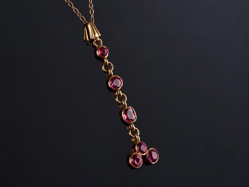 May include: A gold pendant necklace featuring a vertical chain of six bezel-set, round and cushion-cut deep pink gemstones. The pendant hangs from a delicate gold chain, with the bottom section branching into a cluster of three stones.