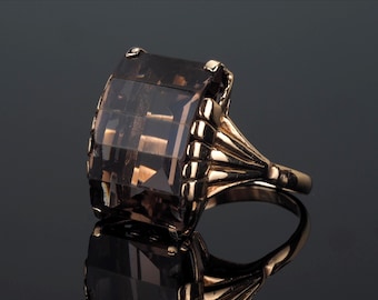 Smokey Quartz Ring, Vintage 9ct solid chunky gold, large gemstone