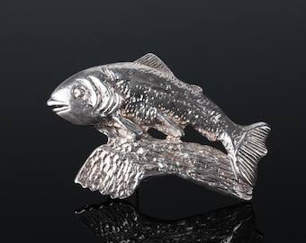 Vintage silver fish brooch, leaping salmon fish pin brooch, retro animal brooch, fisherman's pin, novelty fish pin, mens lapel pin, UK