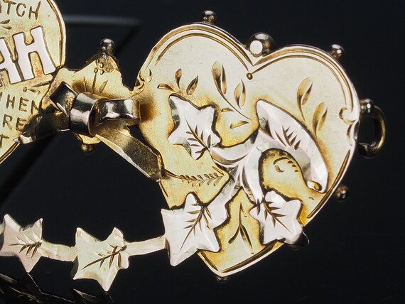 Wedding day Mizpah gold brooch, double heart Wedd… - image 5