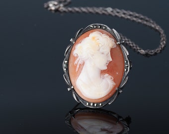 Silver cameo necklace, shell cameo pendant, Marcasite cameo brooch, antique necklace, vintage brooch, 1920s jewellery, Art noveau jewelry