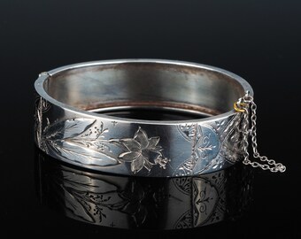 Antique silver bangle, Victorian bangle, silver cuff bangle bracelet, hinged bangle, floral bangle, vintage bangle, antique jewellery