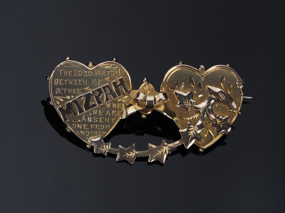 Wedding day Mizpah gold brooch, double heart Wedd… - image 7