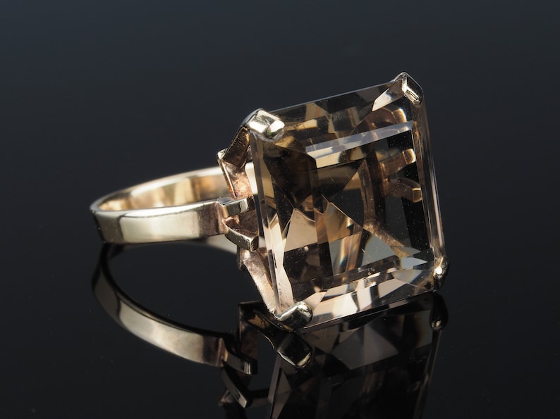 High mount large square smoky quartz gemstone gold ring.