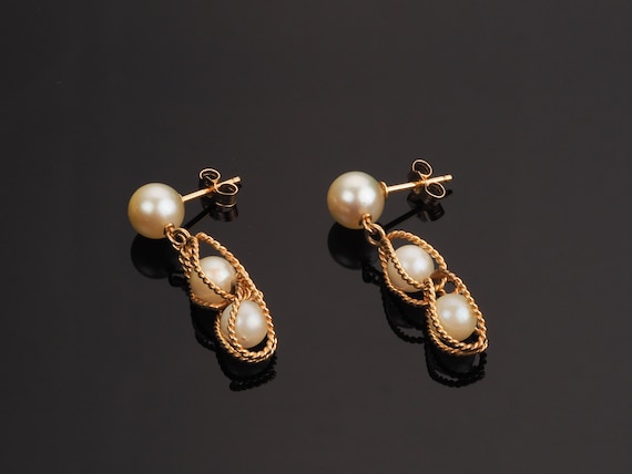 Gold pearl earrings, vintage dangle earrings, cag… - image 1