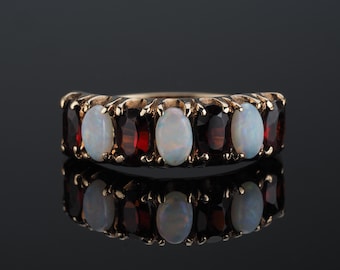 Opal garnet ring, 9k gold ring opal statement ring, multistone opal gemstone ring, gold garnet jewellery, red garnet half eternity ring