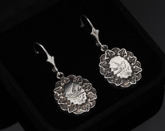 Antique Victorian silver earrings, vintage bird earrings, floral drop dangle earrings, fully hallmarked for 1881, rare historic gifts
