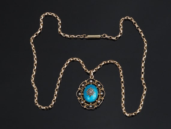 Victorian gold necklace, antique necklace, blue gu