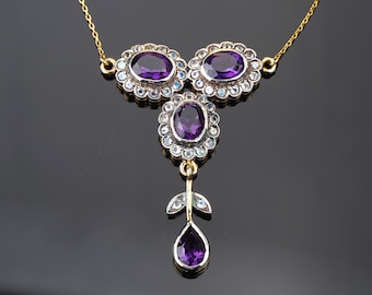 Edwardian Style Amethyst & Paste Lavalier Drop Necklace, Solid 9ct Yellow Gold Chain