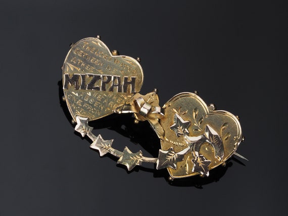 Wedding day Mizpah gold brooch, double heart Wedd… - image 6