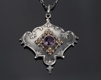 Gold and silver antique necklace, Art nouveau lavaliere pendant, vintage faux Amethysts, Jugendstil jewellery, Theodor Fahrner style gift