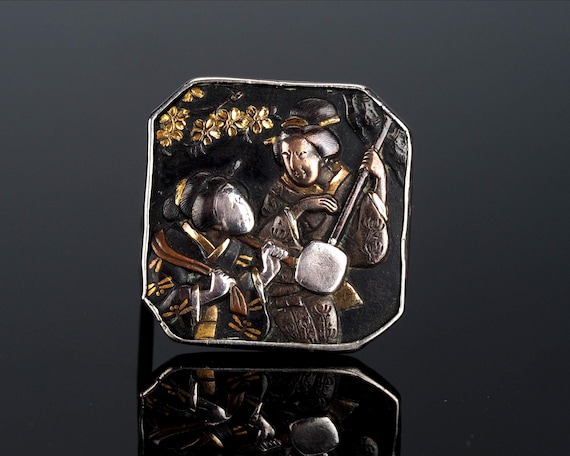 Meiji Shakudo Brooch, Geisha Girls Decoration, Rare Antique Pin